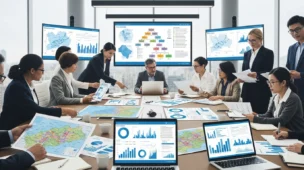 Imagem de reunião com representantes fiscais analisando mapas e gráficos sobre IBS e CBS