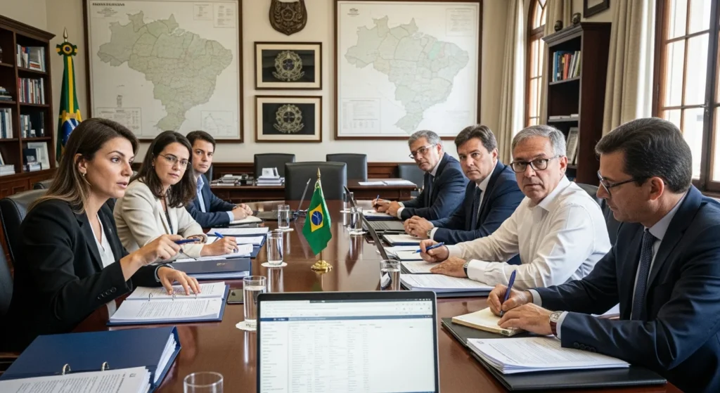 Reunião de representantes do governo e especialistas em tributação sobre a lei complementar 214 2025 com documentos e mapas do Brasil