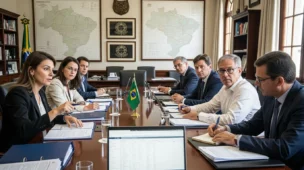 Reunião de representantes do governo e especialistas em tributação sobre a lei complementar 214 2025 com documentos e mapas do Brasil