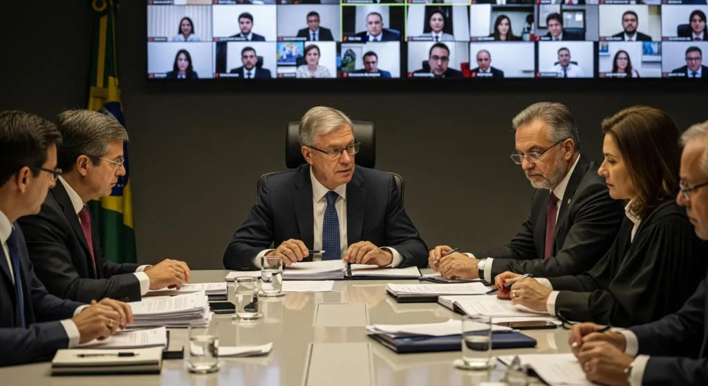 Cena de reunião do Banco Central sob pressão, com ministros e representantes em ambiente austero e tenso