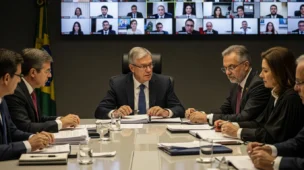 Cena de reunião do Banco Central sob pressão, com ministros e representantes em ambiente austero e tenso