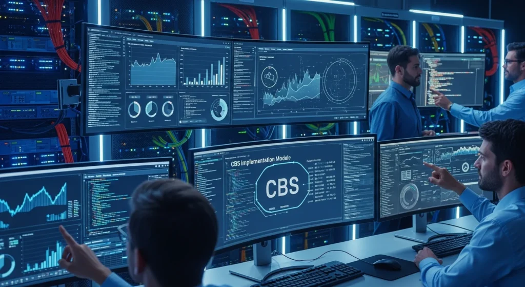 Imagem de uma sala de controle com servidores, monitores e profissionais monitorando o simulador CBS da Receita Federal.