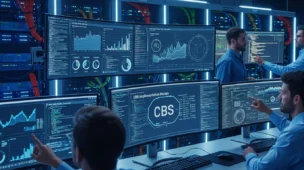 Imagem de uma sala de controle com servidores, monitores e profissionais monitorando o simulador CBS da Receita Federal.