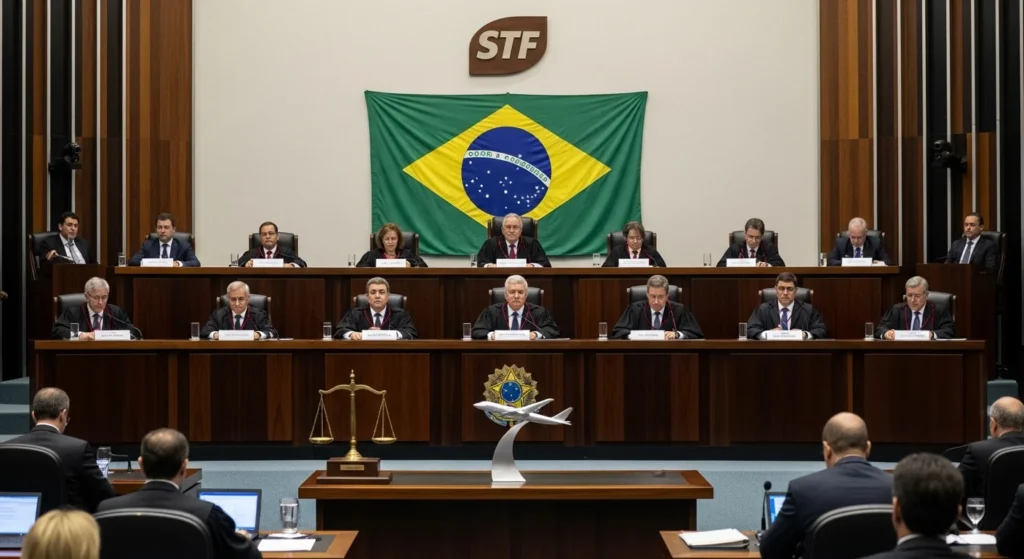 Cena de tribunal com juízes e advogados, painel do STF e símbolos de balança e avião, simbolizando decisão judicial sobre regras do setor