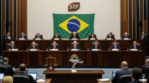 Cena de tribunal com juízes e advogados, painel do STF e símbolos de balança e avião, simbolizando decisão judicial sobre regras do setor