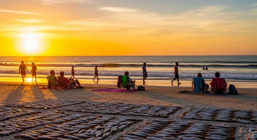 Cenário de praia no Nordeste durante pôr do sol, com pessoas aproveitando a onda calor persiste e clima agradável