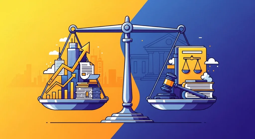 Ilustração com balança de justiça equilibrada, empresas e legislação, destacando STF prorroga prazo crucial