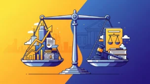 Ilustração com balança de justiça equilibrada, empresas e legislação, destacando STF prorroga prazo crucial