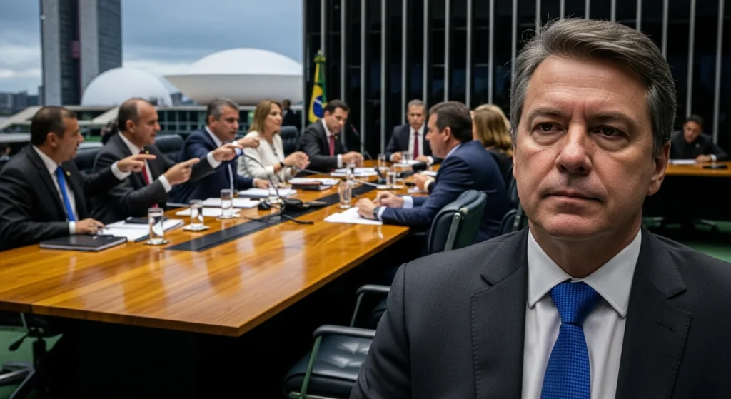 Reforma Tributária: Relator Bate o Martelo! Alíquotas Não Mudam, Foco Total na Governança do IBS e Imposto Seletivo. 1 Cena de reunião em Brasília com políticos debatendo, foco na figura central, cores neutras, elementos do Congresso nacional, palavra-chave presente