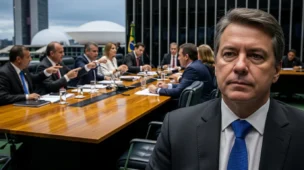Cena de reunião em Brasília com políticos debatendo, foco na figura central, cores neutras, elementos do Congresso nacional, palavra-chave presente