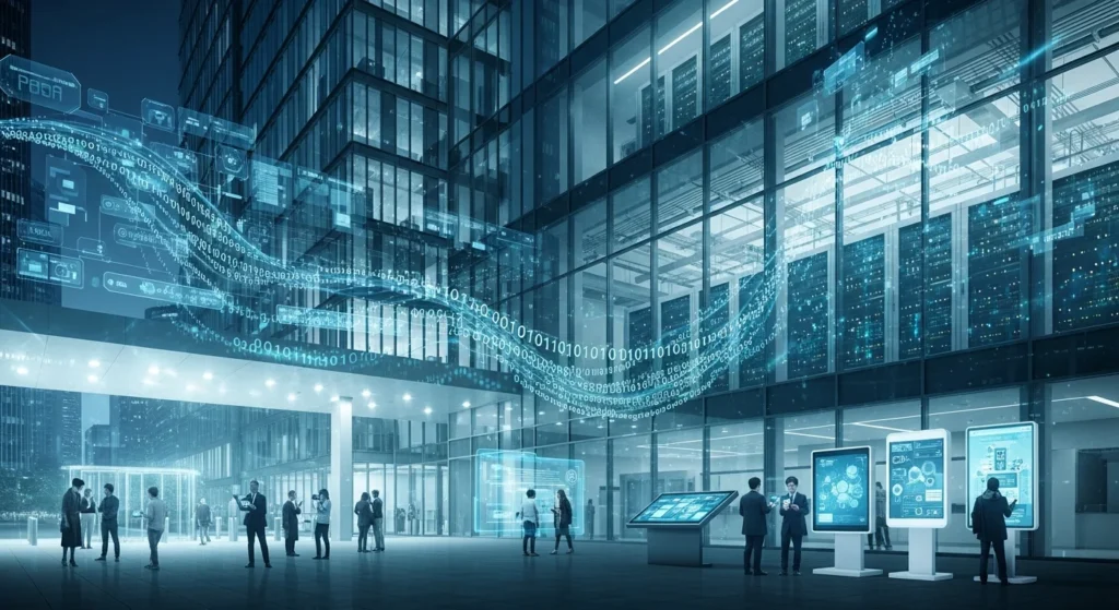 A Revolução da Administração Pública: PEC 38/2025 Traz Digitalização e Consensualidade ao Artigo 37 da Constituição. 1 Prédio público moderno com elementos digitais, servidores e pessoas interagindo com tecnologia, símbolo da PEC 38 2025 redefine