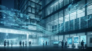 Prédio público moderno com elementos digitais, servidores e pessoas interagindo com tecnologia, símbolo da PEC 38 2025 redefine