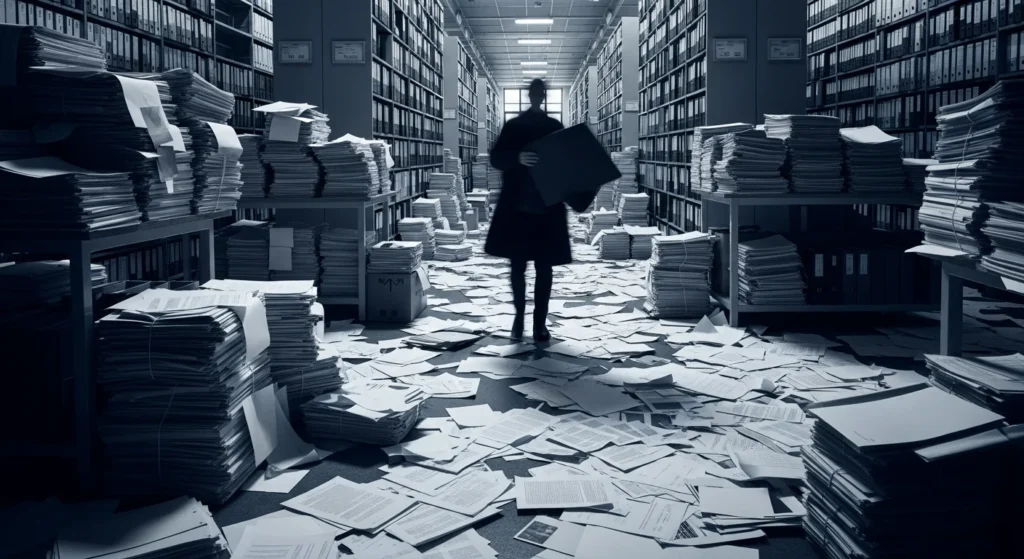 Arquivos Epstein: Divulgação Adiada Para 2026 Após Descoberta Chocante de Mais de 1 Milhão de Documentos Inéditos! 1 Sala de arquivo com pilhas de documentos dispersos, destacando o escândalo Epstein e o prazo de divulgação prolongado