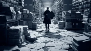 Sala de arquivo com pilhas de documentos dispersos, destacando o escândalo Epstein e o prazo de divulgação prolongado