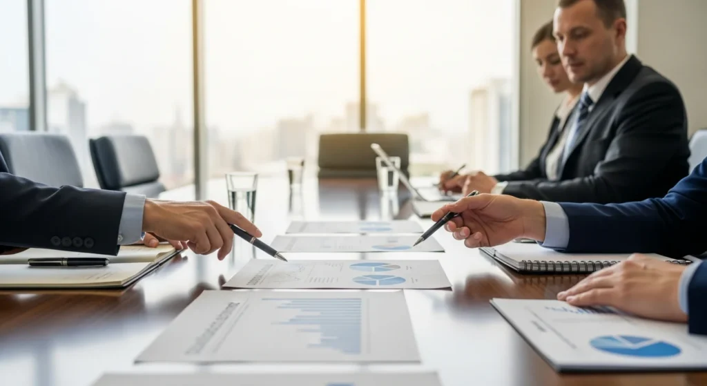 Jucesp Revoga Sigilo de Dividendos: Empresas Temem Exposição de Dados Financeiros com Novo Imposto Mínimo 1 Executivos analisando documentos de dividendos em sala de reunião corporativa com luz natural e tom azul, indicando jucesp revoga sigilo dividendos
