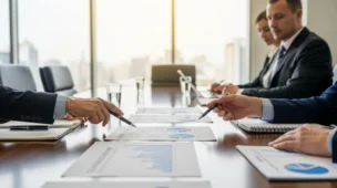 Executivos analisando documentos de dividendos em sala de reunião corporativa com luz natural e tom azul, indicando jucesp revoga sigilo dividendos