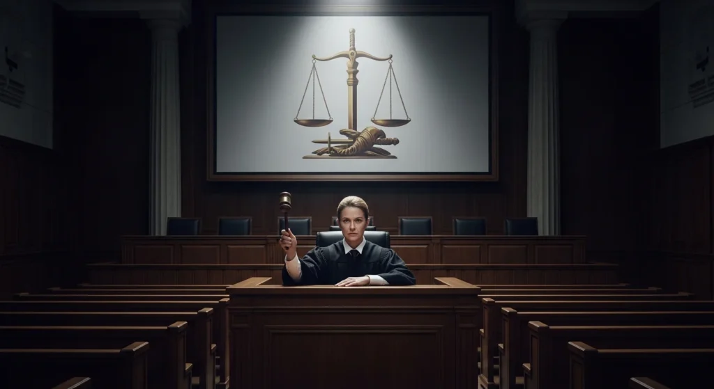 Justiça Brasileira Faz História! Reddit é Forçado a Revelar Dados de Perfil Anônimo por Postagem Ofensiva, um Marco para o Combate a Crimes Online. 1 Imagem de uma sala de tribunal com juíza segurando martelo e símbolo da justiça, simbolizando decisão judicial contra crimes online