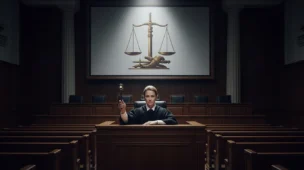 Imagem de uma sala de tribunal com juíza segurando martelo e símbolo da justiça, simbolizando decisão judicial contra crimes online