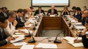 Sala de reuniões com cidadãos diversos em discussão sobre participação social no Brasil