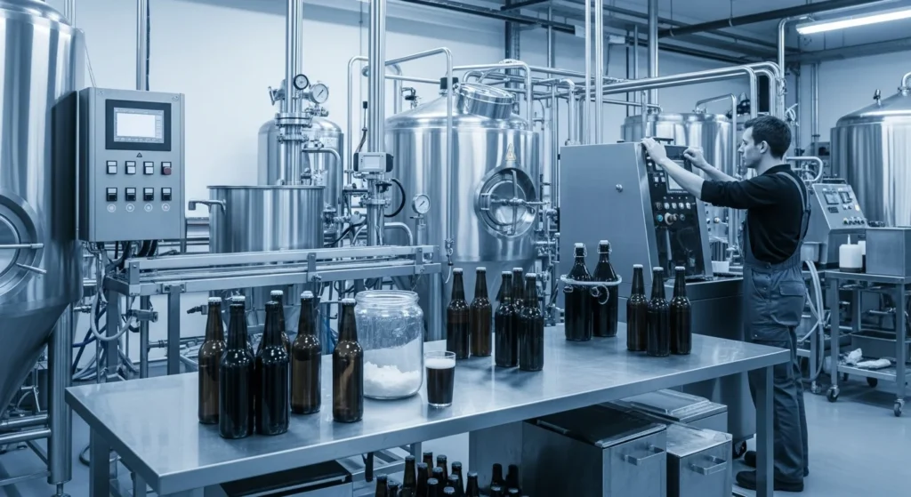 Simples Nacional em Xeque: A Reforma Tributária de 2027 Redefine IPI e Imposto Seletivo, Transformando a Vida das Micro e Pequenas Empresas no Brasil. 1 Fábrica de bebidas com microcervejarias, trabalhador ajustando máquina e elementos industriais, destacando reforma tributária, IPI e imposto.