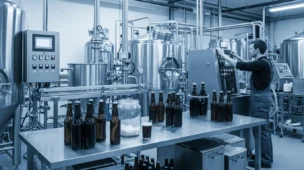 Fábrica de bebidas com microcervejarias, trabalhador ajustando máquina e elementos industriais, destacando reforma tributária, IPI e imposto.