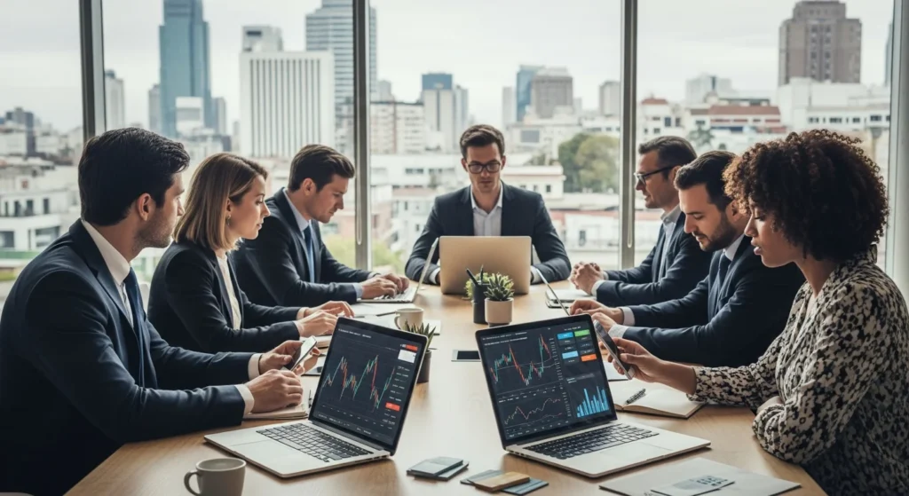 Imagem de capa rascunho mostrando profissionais em reunião urbana usando tecnologia financeira