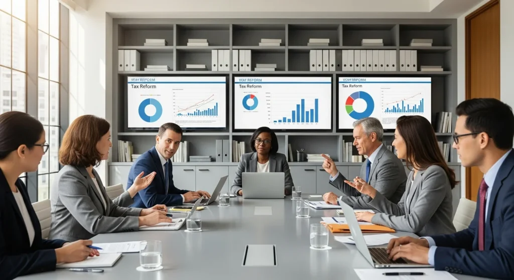 Reforma Tributária: Comitê Gestor Provisório do IBS é a solução urgente para o novo imposto em meio ao atraso do PLP 108. 1 Imagem horizontal de profissionais em reunião moderna discutindo reforma tributária com destaque para papéis e telas, simbolizando avanço na reforma tributária e o comitê gestor do IBS.