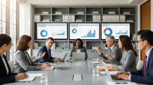 Imagem horizontal de profissionais em reunião moderna discutindo reforma tributária com destaque para papéis e telas, simbolizando avanço na reforma tributária e o comitê gestor do IBS.