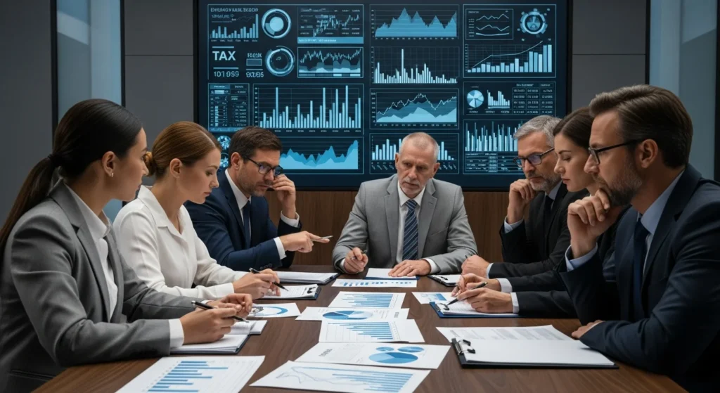 Alerta Lucro Presumido: Empresas acima de R$ 5 milhões terão aumento de tributos em 2026. Prepare-se para a Lei 224/2025! 1 Executivos em reunião analisando gráficos financeiros, tema de lucro presumido alerta aumento de carga tributária em 2026