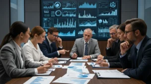 Executivos em reunião analisando gráficos financeiros, tema de lucro presumido alerta aumento de carga tributária em 2026