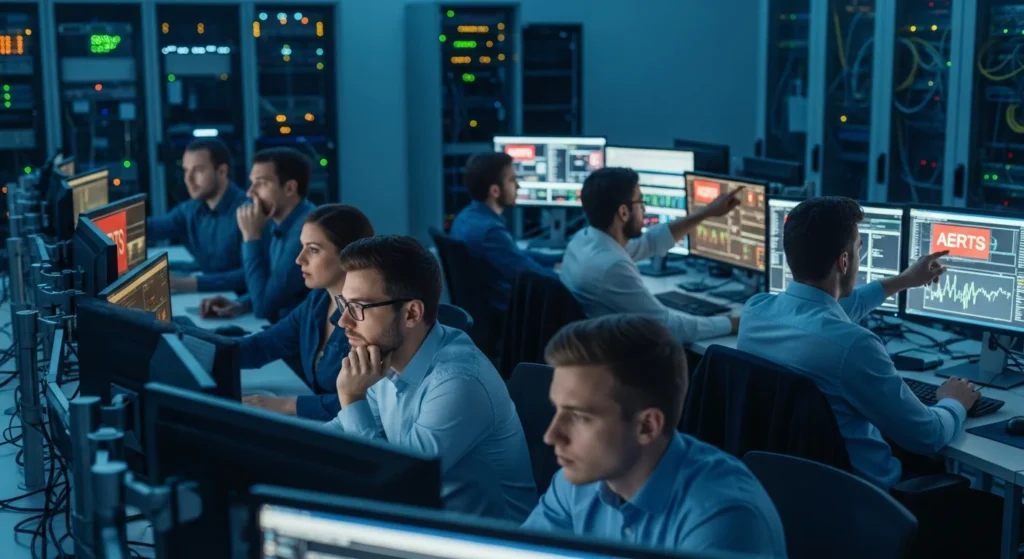 Reforma Tributária: Alerta Vermelho! Sistemas Empresariais à Beira do Colapso com CNPJ Alfanumérico e Mudanças Complexas no Brasil. 1 Sala de controle com alertas vermelhos e desenvolvedores preocupados, simbolizando reforma tributária sistemas caem