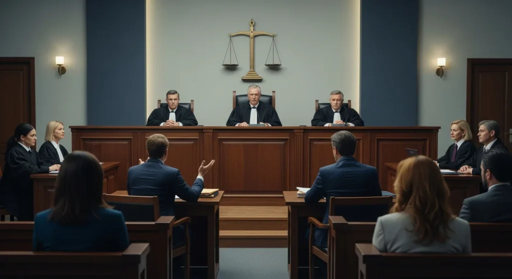 O Conflito Invisível: Quando o Poder Judiciário Interfere em Decisões de Arbitragem? Entenda os Limites no Brasil. 1 Imagem de sala de audiências com juízes, advogados e partes, destacando o poder judiciário arbitragem como em ambiente formal com balanças ao fundo.