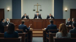 Imagem de sala de audiências com juízes, advogados e partes, destacando o poder judiciário arbitragem como em ambiente formal com balanças ao fundo.