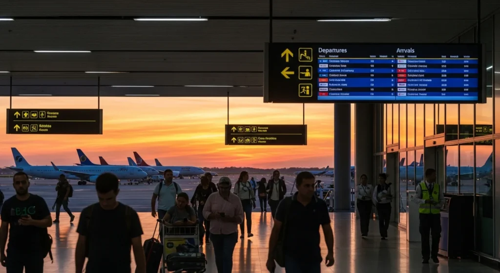 Aéreas brasileiras em turbulência: Reestruturação, dólar e a qualidade dos serviços sob fogo cruzado. Milhões de passageiros afetados. 1 Cena de aeroporto brasileiro ao pôr do sol destacando aéreas brasil enfrentam debate com aviões, passageiros e sinais de voo