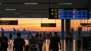 Cena de aeroporto brasileiro ao pôr do sol destacando aéreas brasil enfrentam debate com aviões, passageiros e sinais de voo