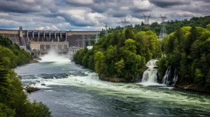 Cena de rio com usina hidrelétrica ao fundo, cercada por floresta e cachoeiras, com destaque para natureza e infraestrutura elétrica