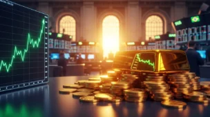 Imagem mostrando bolsa de valores brasileira ao pôr do sol com ouro ibovespa disparam 2025, gráfico ascendente e moedas de ouro reluzentes