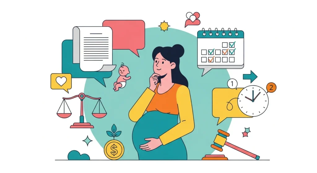 Ilustração de uma gestante com balões de pensamento de documentos e calendário, simbolizando licença maternidade 2024 guia