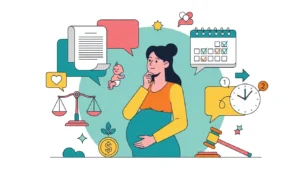 Ilustração de uma gestante com balões de pensamento de documentos e calendário, simbolizando licença maternidade 2024 guia