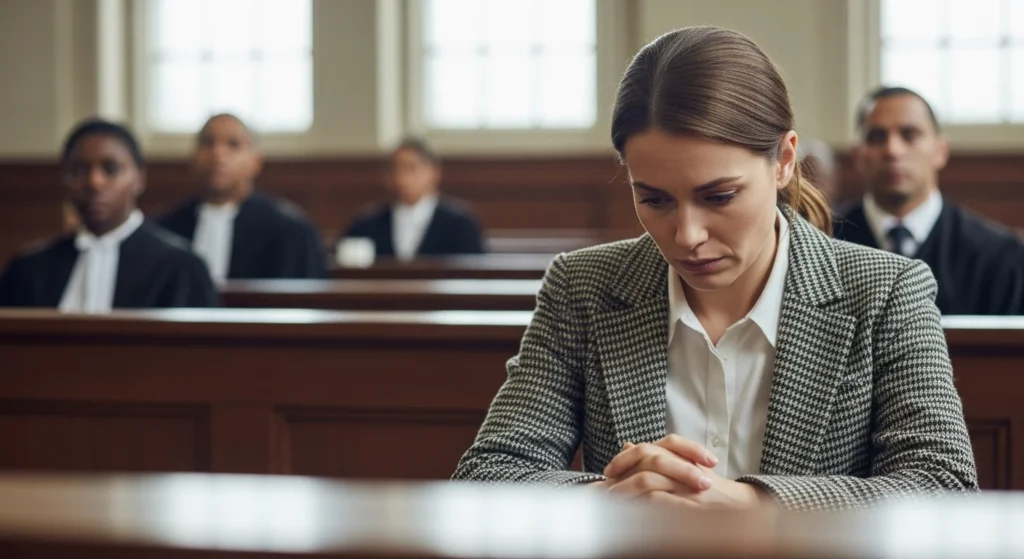 Vitória Histórica! STJ Facilita Indenização por Dano Moral para Vítimas de Violência Doméstica: Saiba Como Pedir nas Alegações Finais e Mude Sua Vida! 1 Mulher de cabeça baixa e triste em tribunal, simbolizando vítima violência doméstica pode buscar justiça
