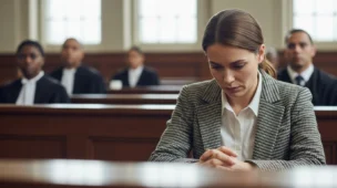 Mulher de cabeça baixa e triste em tribunal, simbolizando vítima violência doméstica pode buscar justiça