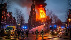 Imagem da rua de Amsterdã ao anoitecer com incêndio devastador atingindo a icônica Vondelkerk, fumaça densa e bombeiros atuando
