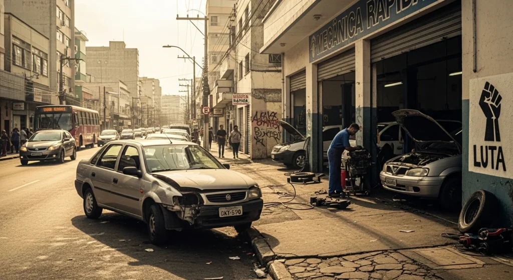 Seguradora Gigante Condenada! R$ 3,4 Milhões em Multa por Desrespeitar Consumidores em Santos: Entenda Seus Direitos e o Impacto no Setor. 1 Cena de rua em Santos com carro danificado e oficina aberta, destacando a fiscalização de seguradora é multada r