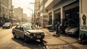 Cena de rua em Santos com carro danificado e oficina aberta, destacando a fiscalização de seguradora é multada r