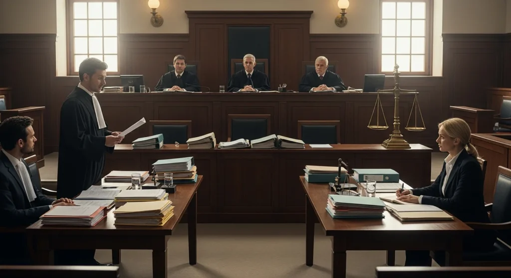 Cena de tribunal com juízes, advogados e balança da justiça, representando indébito tributário e mandado de segurança