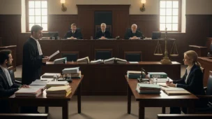 Cena de tribunal com juízes, advogados e balança da justiça, representando indébito tributário e mandado de segurança