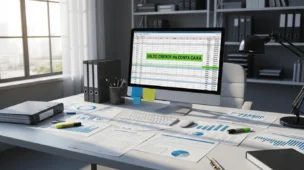 Imagem de escritório contábil com destaque para saldo credor na conta caixa e gráficos fiscais