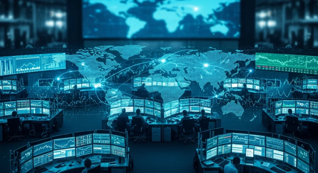 Receita Federal e Criptoativos: O Fim da Anonimidade? Novas Regras Globais de Fiscalização Chegam em 2026! 1 Cena de escritório financeiro internacional com monitores exibindo gráficos, código digital, símbolo de conexão global e mapas mundiais, representando a receita federal amplia troca de dados.
