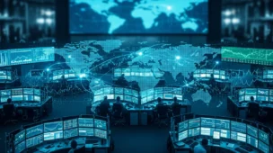 Cena de escritório financeiro internacional com monitores exibindo gráficos, código digital, símbolo de conexão global e mapas mundiais, representando a receita federal amplia troca de dados.