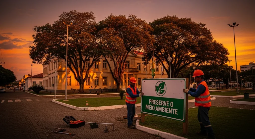Cenário de prefeitura alagoana ao pôr do sol com sinalização ecológica sendo removida, representando preocupação ambiental e política, destacando 'alagoas xeque pp leva'.